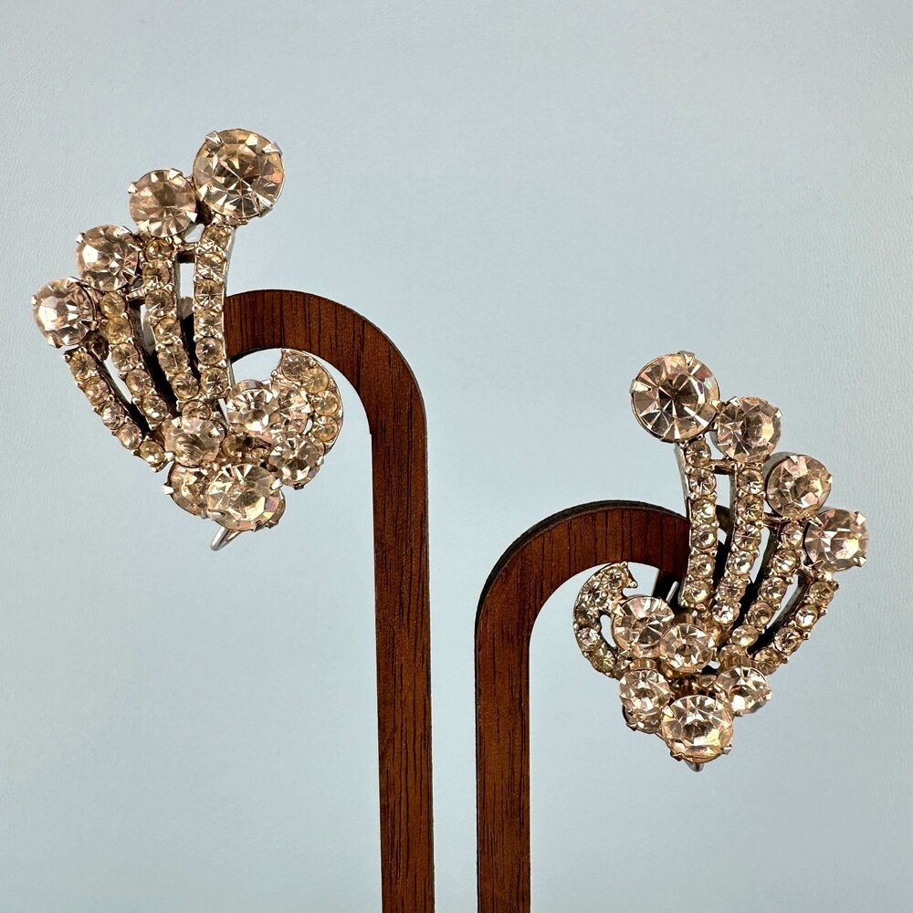 Vintage Rhinestone Earrings Floral Spray Sparkler Climbers Silver Tone Clip On